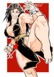 Rule 34 | 1girl, alternate costume, bare arms, bare legs, bare shoulders, barefoot, black dress, black eyes, black hair, bracelet, breasts, capcom, china dress, chinese clothes, chun-li, chun-li (cosplay), cleavage, commentary request, cosplay, dress, fighting stance, full body, girls und panzer, highres, jewelry, large breasts, long hair, murakami (girls und panzer), muscular, muscular female, no bra, no panties, pelvic curtain, sash, shinkuukan (tetsuo3), signature, smile, solo, spiked bracelet, spikes, standing, street fighter, street fighter v, thick thighs, thighs