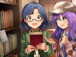 Rule 34 | 2girls, :d, aqua eyes, beige headwear, blue collar, blue hair, blunt bangs, blush, book, bookshelf, braid, breasts, collar, collared shirt, couch, crown braid, frilled collar, frills, glasses, green jacket, hanamasa ono, highres, holding, holding book, idolmaster, idolmaster million live!, idolmaster million live! theater days, indoors, jacket, library, long hair, long sleeves, looking at viewer, medium breasts, mochizuki anna, multiple girls, nanao yuriko, open mouth, purple hair, shirt, short hair, small breasts, smile, sweater, tears, upper body, window, yellow eyes