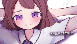 Rule 34 | 1girl, absurdres, arms behind head, bang dream!, brown hair, character name, closed mouth, coldfoom, hair ornament, highres, josh hutcherson whistle edit (meme), looking at viewer, meme, necktie, purple eyes, purple necktie, shirt, smile, solo, star (symbol), star hair ornament, toyama kasumi, white shirt