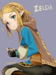 Rule 34 | 1girl, akino shuu, ass, black gloves, black pants, blonde hair, blue shirt, boots, braid, brown cape, brown footwear, cape, character name, commentary request, crown braid, fingerless gloves, from side, gloves, green eyes, grey background, hair ornament, hairclip, holding, hood, hood down, hooded cape, knee boots, long sleeves, looking at viewer, looking to the side, nintendo, pants, parted bangs, pointy ears, princess zelda, puffy long sleeves, puffy sleeves, shirt, simple background, sitting, solo, the legend of zelda, thick eyebrows, wariza
