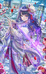 Rule 34 | 1girl, alternate costume, architecture, blurry, blurry foreground, braid, east asian architecture, electricity, falling petals, fighting stance, flower, fox mask, genshin impact, gradient kimono, hair flower, hair ornament, highres, holding, holding sword, holding weapon, japanese clothes, katana, kimono, long hair, looking at viewer, low-braided long hair, low-tied long hair, mask, mask on head, mole, mole under eye, outdoors, parted lips, petals, purple eyes, purple hair, purple nails, raiden shogun, snow, solo, sword, torino aqua, weapon, white kimono, wide sleeves