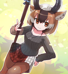 Rule 34 | 1girl, alternate costume, animal ears, baniran dorosu, black horns, black sweater, brown eyes, brown hair, brown pantyhose, casual, closed mouth, contemporary, dutch angle, grey hair, hair between eyes, hand on own hip, hand up, highres, holding, holding weapon, horizontal pupils, horns, jewelry, kemono friends, kemono friends 2, long sleeves, looking at viewer, medium hair, miniskirt, multicolored clothes, multicolored hair, multicolored skirt, pantyhose, parted bangs, pendant, plaid, plaid skirt, polearm, pronghorn (kemono friends), skirt, smile, solo, sweater, weapon, white hair