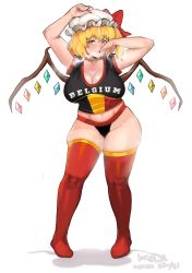 Rule 34 | 1girl, aged up, alternate breast size, arms up, artist name, belly, black shorts, blonde hair, blush, boots, bow, breasts, cleavage, commission, crystal, curvy, finger in own mouth, fingernails, flandre scarlet, full body, hair bow, hat, highres, jersey, keigi, large breasts, lips, looking at viewer, micro shorts, midriff, mob cap, nail polish, navel, one side up, orange eyes, pigeon-toed, plump, red bow, red footwear, short hair, shorts, skindentation, solo, sportswear, standing, sweat, thick thighs, thigh boots, thighhighs, thighs, touhou, white background, white hat, wings