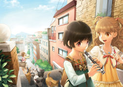 Rule 34 | 3girls, bag, blunt bangs, brown eyes, brown hair, casual, cat, city, cityscape, cube hair ornament, day, dress, flute, hair ornament, holding, holding flute, holding instrument, instrument, jewelry, marble (toy), multiple girls, necklace, original, outdoors, pearl necklace, power lines, recorder, road, salt (salty), short hair, shoulder bag, street, striped clothes, striped dress, stuffed animal, stuffed toy, surprised, teddy bear, too many, too many cats, twintails, two side up, vanishing point, vertical-striped clothes, vertical-striped dress