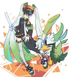 Rule 34 | 1girl, armband, bike shorts, black coat, coat, creatures (company), delinquent, detached sleeves, fighting miku (project voltage), food, game freak, gen 8 pokemon, gloves, gradient hair, green armband, hair between eyes, hatsune miku, highres, holding, holding food, holding spring onion, holding vegetable, long hair, long sleeves, multicolored hair, necktie, nintendo, oe (yamifuti), orange trim, pokemon, pokemon (creature), project voltage, shoes, side slit, single detached sleeve, sirfetch&#039;d, sneakers, spring onion, thighhighs, twintails, two-tone hair, vegetable, very long hair, visor cap, vocaloid, white gloves, white hair, white thighhighs, yellow eyes