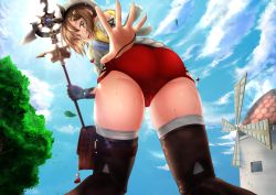 Rule 34 | 1girl, absurdres, ass, atelier (series), atelier ryza, bare shoulders, blue sky, boots, breasts, brown eyes, brown hair, building, cameltoe, cloud, cloudy sky, from behind, from below, gloves, hair ornament, hairclip, hat, highres, holding, looking at viewer, looking back, looking down, nmex, open mouth, outdoors, reaching, reaching towards viewer, red shorts, reisalin stout, shiny skin, short hair, short shorts, shorts, single glove, skindentation, sky, solo, staff, sun, thigh boots, thighhighs, tree, wet, windmill