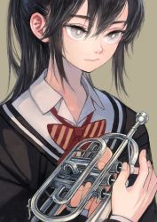 Rule 34 | 1girl, black cardigan, black hair, bow, bowtie, bright pupils, brown background, cardigan, closed mouth, collared shirt, commentary request, flugelhorn, grey eyes, hands up, highres, holding, holding instrument, instrument, kaneni, long hair, long sleeves, original, ponytail, red bow, red bowtie, school uniform, shirt, solo, striped bow, striped bowtie, striped clothes, upper body, white pupils, white shirt