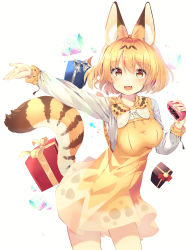 Rule 34 | 1girl, absurdres, adapted costume, animal ear fluff, animal ears, animal ears (norankkori), blonde hair, blouse, blush, bow, bowtie, brown hair, commentary request, cowboy shot, dress, fang, food, gift, highres, japari bun, kemono friends, long sleeves, multicolored hair, open mouth, outstretched arm, print bow, print bowtie, print dress, print neckwear, serval (kemono friends), serval print, serval tail, shirt, short hair, skin fang, solo, tail, traditional bowtie, white hair, white shirt, yellow dress, yellow eyes