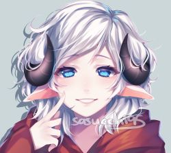 Rule 34 | 1girl, :d, animal ears, artist name, blue eyes, commission, eyelashes, grey background, grin, half-closed eyes, hand up, highres, hood, hood down, hooded jacket, horns, index finger raised, jacket, lips, long hair, long sleeves, looking at viewer, medium hair, open mouth, original, pink lips, pointing, pointing at self, red jacket, sasucchi95, sheep ears, sheep girl, sheep horns, short hair, silver hair, simple background, smile, solo, teeth, upper body