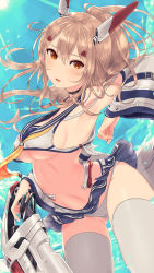 Rule 34 | 1girl, armpits, ayanami (azur lane), azur lane, bandaid, bandaid on arm, blue skirt, blue sky, breasts, brown hair, choker, clothes lift, commentary request, day, detached sleeves, gluteal fold, hair between eyes, head tilt, headgear, highres, holding, holding sword, holding weapon, large breasts, light rays, long hair, looking at viewer, medium breasts, medium hair, megaoden, midriff, navel, panties, pantyshot, parted lips, pleated skirt, ponytail, red eyes, sideboob, skirt, skirt lift, sky, solo, sunbeam, sunlight, sword, thighhighs, twisted torso, underboob, underwear, water drop, weapon, white panties, white thighhighs, wide sleeves