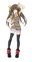 Rule 34 | 10s, 1girl, black thighhighs, brown hair, collarbone, eyebrows, full body, green eyes, hair ribbon, hand on own hip, highres, huang lingyin, infinite stratos, long hair, looking at viewer, ribbon, smile, solo, thighhighs, transparent background, twintails, yellow ribbon