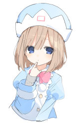 Rule 34 | 1girl, absurdres, blue coat, blue eyes, blue hat, blush, bow, bowtie, brown hair, buran buta, buttons, coat, hair between eyes, hat, highres, looking at viewer, medium hair, neptune (series), pink bow, pink bowtie, pom pom (clothes), rom (neptunia), simple background, sketch, smile, solo, upper body, white background
