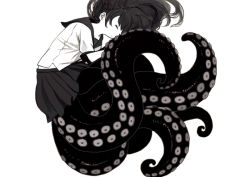 Rule 34 | 1girl, black hair, closed eyes, long hair, monster girl, negiusagi, octopus, original, school uniform, serafuku, tentacles