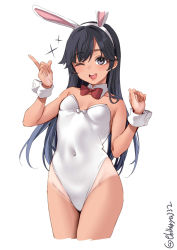 Rule 34 | 1girl, alternate costume, animal ears, bare legs, bare shoulders, blush, bow, bowtie, breasts, collarbone, covered navel, cowboy shot, cropped legs, detached collar, ebifurya, fake animal ears, hair between eyes, highres, i-400 (kancolle), kantai collection, leotard, long hair, looking at viewer, one-hour drawing challenge, one eye closed, open mouth, playboy bunny, rabbit ears, simple background, small breasts, smile, solo, sparkle, strapless, strapless leotard, tan, tanline, traditional bowtie, twitter username, white background, white leotard, wrist cuffs