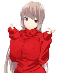 Rule 34 | 1girl, bebebe (pepegakii), breasts, fate/grand order, fate (series), florence nightingale (fate), head tilt, highres, large breasts, long hair, pink hair, red eyes, ribbed sweater, shirt, simple background, solo, sweater, taut clothes, taut shirt, upper body, very long hair, white background
