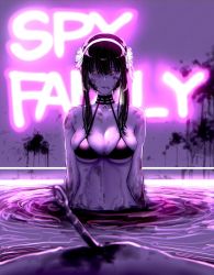 Rule 34 | 1girl, 1other, bikini, black bikini, black hair, blood, breasts, closed mouth, collarbone, commentary request, copyright name, dagger, highres, knife, large breasts, looking at viewer, navel, outdoors, partially submerged, purple theme, red eyes, solo focus, spy x family, stiletto (weapon), swimsuit, tsukumo momo, water, weapon, yor briar