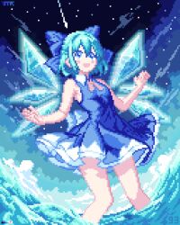 Rule 34 | 1girl, absurdres, blue dress, blue eyes, blue hair, blush, blush stickers, cirno, dress, fairy wings, highres, ice, ice wings, mixed-language commentary, night, night sky, open mouth, pixel art, shooting star, short hair, sidelocks, sky, smile, solo, standing, tomoruka mr, touhou, wading, waves, wings