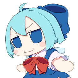 1girl absurdres ahoge blue_bow blue_dress blue_eyes blue_hair bow cirno closed_mouth collared_shirt commentary_request dress from_side fumo_(doll) hair_between_eyes hair_bow highres ice ice_wings jitome kame_(kamepan44231) looking_at_viewer pinafore_dress shirt short_hair short_sleeves simple_background sleeveless sleeveless_dress smile solo touhou upper_body white_background wings