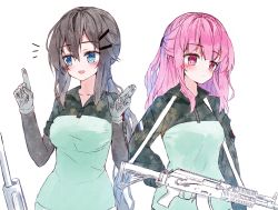 Rule 34 | 2girls, :d, absurdres, ak-47, assault rifle, blue eyes, blush, breasts, brown hair, camouflage, camouflage jacket, closed mouth, collarbone, commentary request, gloves, green jacket, grey gloves, gun, hair between eyes, hair ornament, hairclip, hands up, highres, index finger raised, jacket, kalashnikov rifle, long sleeves, looking away, looking to the side, multiple girls, notice lines, open mouth, original, pink hair, red eyes, rifle, short sleeves, simple background, small breasts, smile, tandohark, upper body, weapon, white background