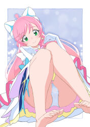 Rule 34 | 1girl, barefoot, bow, braid, cameltoe, closed mouth, commentary, crotch seam, cure prism, dutch angle, earrings, feet, floating, green eyes, hair bow, highres, hirogaru sky! precure, jewelry, long hair, looking at viewer, magical girl, miyagoe yoshitsuki, nijigaoka mashiro, outside border, panties, pink hair, precure, smile, soles, solo, toes, underwear, white bow, white panties