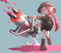Rule 34 | 1girl, absurdres, bike shorts, black hat, black sweater, blue background, boots, brown footwear, bullet, closed mouth, commentary request, cross-laced footwear, full body, gun, hat, heavy edit splatling (splatoon), highres, holding, holding gun, holding weapon, inkling, inkling girl, inkling player character, long hair, maple albus, nintendo, paint, pink hair, pointy ears, red eyes, simple background, solo, splatoon (series), splatoon 3, standing, sweater, tentacle hair, thick eyebrows, v-shaped eyebrows, weapon
