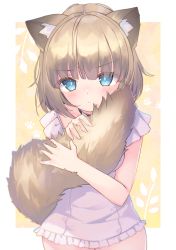 Rule 34 | 1girl, animal ear fluff, animal ears, blue eyes, blush, brown hair, closed mouth, commission, dress, frilled dress, frills, highres, holding tail, looking at viewer, miyanome, original, short dress, skeb commission, solo, tail, white dress