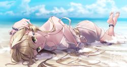 Rule 34 | 1girl, ahoge, bare shoulders, barefoot, beach, bead bracelet, beads, blonde hair, blue sky, blush, bracelet, breasts, cleavage, collarbone, dress, earrings, fate/extra, fate/grand order, fate (series), feet, green eyes, hair intakes, highres, jewelry, long hair, looking at viewer, lying, medium breasts, nero claudius (fate), nero claudius (fate) (all), nero claudius (fate/extra), on side, on stomach, sky, soles, solo, suryua, toes, white dress