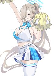 Rule 34 | 1girl, absurdres, aqua ribbon, arm up, asuna (blue archive), asymmetrical bangs, blue archive, blush, breasts, cheerleader, cleavage, hair over one eye, halo, highres, holding, holding pom poms, large breasts, light brown hair, long bangs, long hair, looking at viewer, midriff, millennium cheerleader outfit (blue archive), navel, one eye covered, outstretched arms, pleated skirt, pom pom (cheerleading), pom poms, ponytail, ribbon, simple background, skindentation, skirt, smile, solo, thighhighs, tnr (horiko1525), very long hair, white background, white thighhighs