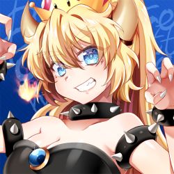 Rule 34 | 1girl, bad id, bad pixiv id, bare shoulders, black dress, blonde hair, blue eyes, blush, bowsette, bracelet, breasts, cleavage, collar, collarbone, dress, earrings, fire, hago, horns, jewelry, large breasts, looking at viewer, mario (series), nail polish, new super mario bros. u deluxe, nintendo, parted lips, ponytail, smile, solo, spiked bracelet, spiked collar, spikes, super crown, teeth, upper body, white nails