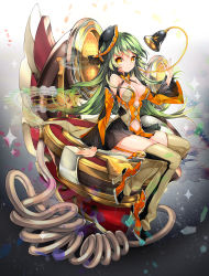 Rule 34 | 1girl, ankle boots, bare shoulders, boots, breasts, cleavage, detached sleeves, disembodied head, full body, garter straps, gears, gradient background, green hair, hat, high heels, highres, juna, large breasts, long hair, looking at viewer, military, military uniform, naval uniform, navel, original, pleated skirt, shower head, sitting, skirt, smile, sparkle, thighhighs, thighs, throne, uniform, yellow eyes