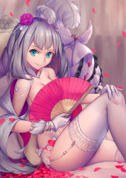 Rule 34 | 1girl, blue eyes, breasts, covering privates, covering breasts, detached collar, fate/grand order, fate (series), feather hair ornament, feathers, flower, folding fan, garter straps, gloves, hair flower, hair ornament, hand fan, highres, jewelry, long hair, marie antoinette (fate), md5 mismatch, petals, resolution mismatch, rose petals, silver hair, sitting, smile, solo, source larger, thighhighs, thighs, topless, tsuki suigetsu, white gloves, white thighhighs