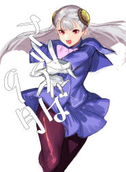 Rule 34 | 1girl, brown pantyhose, capcom fighting jam, commentary request, gloves, hairpods, highres, ingrid (capcom), jacket, long hair, open mouth, pantyhose, pink ribbon, platinum blonde hair, pleated skirt, purple jacket, purple skirt, red eyes, ribbon, skirt, solo, tetsu (kimuchi), white gloves