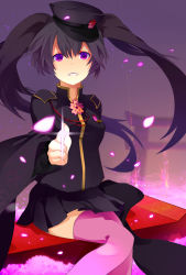 Rule 34 | 1girl, cherry blossoms, hat, hatsune miku, highres, long hair, looking at viewer, military, military uniform, peaked cap, pointing, pointing at viewer, purple eyes, purple hair, senbon-zakura (vocaloid), skirt, smile, solo, tealovely, thighhighs, twintails, uniform, very long hair, vocaloid, zettai ryouiki