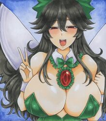 Rule 34 | 1girl, :d, black hair, black wings, blue background, blush, bow, bowtie, breasts, cape, cleavage, commentary, green bow, green bowtie, green leotard, hair between eyes, hair bow, highres, huge breasts, leotard, long hair, looking at viewer, open mouth, red eyes, reiuji utsuho, smile, solo, teeth, third eye, touhou, upper teeth only, v, washiwa, white cape, wings