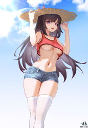 Rule 34 | 1girl, :d, a-soul, absurdres, bella (a-soul), black hair, breasts, collarbone, crop top, dated, denim, denim shorts, fang, hands on headwear, hat, highres, hundun no bifang, jeans, long hair, looking at viewer, medium breasts, navel, open mouth, pants, purple eyes, shorts, signature, skin fang, sky, smile, solo, straw hat, sunlight, thighhighs, underboob, virtual youtuber, white thighhighs