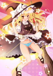 Rule 34 | 1girl, apron, bad id, bad pixiv id, blonde hair, blush, bobby socks, bow, braid, broom, dress, entershell, female focus, gradient background, hair bow, hat, highres, kirisame marisa, long hair, mary janes, navel, panties, shoes, smile, socks, solo, star (symbol), striped clothes, striped panties, touhou, underwear, upskirt, witch, witch hat, yellow eyes