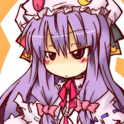 Rule 34 | 1girl, bow, crescent, female focus, hat, long hair, lowres, mogito, patchouli knowledge, pink bow, purple hair, solo, touhou