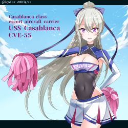 Rule 34 | 1girl, :d, azur lane, black bow, black leotard, blue sky, bow, breasts, casablanca (azur lane), casablanca (cheer squad on break) (azur lane), character name, cheerleader, cleavage, cloud, commentary request, covered collarbone, covered navel, crop top, dated, day, floating hair, grey hair, hair between eyes, hair bow, hand on own hip, hebitsukai-san, high ponytail, highres, leotard, long hair, long sleeves, medium breasts, open mouth, outdoors, outstretched arm, pleated skirt, pom pom (cheerleading), ponytail, purple eyes, skirt, sky, smile, solo, twitter username, very long hair, white skirt