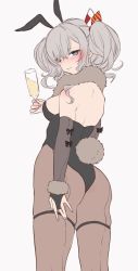 Rule 34 | 1girl, ass, black leotard, breasts, bridal gauntlets, brown pantyhose, champagne flute, chigasaki yukari, cowboy shot, cup, drinking glass, from behind, gloves, grey eyes, grey gloves, grey hair, highres, kantai collection, kashima (kancolle), large breasts, leotard, long hair, looking at viewer, looking back, pantyhose, playboy bunny, rabbit tail, sidelocks, simple background, solo, strapless, strapless leotard, tail, tsurime, twintails, wavy hair, white background