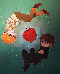 Rule 34 | 2boys, apple, bad id, bad pixiv id, blonde hair, bracelet, brown eyes, brown hair, cross, cross necklace, fate/zero, fate (series), food, fruit, gilgamesh (fate), green background, jewelry, kotomine kirei, male focus, miyako (xxxbibit), multiple boys, necklace, official alternate costume, red eyes