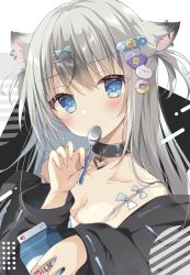 Rule 34 | 1girl, animal ears, black choker, black jacket, blue eyes, blush, breasts, choker, cleavage, collarbone, earrings, frown, grey hair, hair ornament, hairclip, highres, jacket, jewelry, long hair, looking at viewer, medium breasts, mouth hold, multicolored hair, off shoulder, original, picpicgram, solo, spaghetti strap, spoon, strap slip, two-tone hair, upper body
