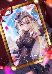 Rule 34 | 1girl, alternate hair length, alternate hairstyle, azur lane, black dress, blonde hair, blue eyes, blue sky, blurry, blurry foreground, breasts, cleavage, closed mouth, clothing cutout, collarbone, commentary, covered navel, cowboy shot, crossed bangs, dress, flower, framed image, gold trim, hair between eyes, hair flower, hair ornament, heart, heart necklace, highres, holding, jewelry, long hair, looking at viewer, medium breasts, necklace, official alternate costume, outdoors, petals, red ribbon, reflection, ribbon, sky, smile, solo, sore watasino, sparkle, sunlight, veil, z23 (azur lane), z23 (schwarze hochzeit) (azur lane)
