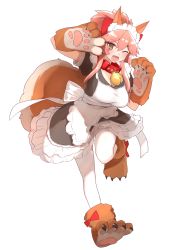 Rule 34 | 1girl, ;d, absurdres, alternate costume, animal ears, animal hands, apron, ariyoshi gen, bell, black dress, breasts, collar, dress, enmaided, fate/grand order, fate (series), fox ears, fox tail, frills, full body, hair ribbon, highres, long hair, looking at viewer, maid, maid apron, neck bell, one eye closed, open mouth, paw shoes, pink hair, ribbon, short sleeves, smile, solo, standing, standing on one leg, tail, tamamo (fate), tamamo cat (fate), tamamo cat (second ascension) (fate), tamamo no mae (fate/extra), thighhighs, transparent background, v over eye, waist apron, white thighhighs, yellow eyes