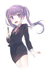 Rule 34 | absurdres, bad id, bad pixiv id, black jacket, black skirt, blunt bangs, blush, collared shirt, commentary request, cowboy shot, fang, flat chest, flower, flying sweatdrops, hair flower, hair ornament, hand up, highres, holding, holding paper, jacket, legs together, light purple hair, long hair, long sleeves, looking at viewer, neck ribbon, new game!, open mouth, paper, pencil skirt, pink ribbon, purple eyes, ribbon, shirt, simple background, skirt, solo, suzukaze aoba, twintails, urim (paintur), white background, white shirt