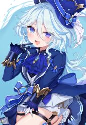 Rule 34 | 1girl, :d, absurdres, ana (vvvvor), ascot, asymmetrical gloves, black gloves, blue ascot, blue eyes, blue hair, blue hat, blue pupils, furina (genshin impact), genshin impact, gloves, hat, heterochromia, highres, long hair, long sleeves, looking at viewer, mismatched gloves, mismatched pupils, multicolored hair, open mouth, purple eyes, purple pupils, smile, solo, two-tone hair, white gloves