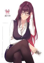 Rule 34 | 1girl, bad id, bad pixiv id, bespectacled, black skirt, breasts, buttons, card, crossed legs, fate/extella, fate/extella link, fate/extra, fate/grand order, fate (series), glasses, long hair, long sleeves, miniskirt, office lady, original, pantyhose, playing card, purple hair, queen (playing card), queen of spades, red eyes, reroi, scathach (fate), skirt, smile, vest, white background
