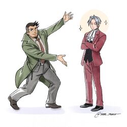 Rule 34 | 2boys, ace attorney, ascot, bandage on face, bandages, black hair, black vest, closed eyes, closed mouth, coat, collared shirt, crossed arms, dick gumshoe, facial hair, full body, goatee, green coat, grey hair, grey pants, highres, jacket, meme, miles edgeworth, multiple boys, necktie, pants, pencil behind ear, red jacket, red necktie, red pants, shirt, short hair, sparkle, steel peach, vest, white ascot, white shirt, will smith: tada (meme)