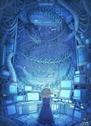 Rule 34 | 1girl, absurdres, air bubble, animal skeleton, artist name, blonde hair, brown hat, bubble, cable, chinese commentary, dated, dress, from behind, glass, glowing, hat, highres, monitor, moriya suwako, purple dress, short hair, signature, skeleton, solo, standing, touhou, tseum