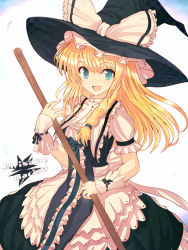 Rule 34 | 1girl, apron, bad id, bad pixiv id, blonde hair, blue eyes, bow, braid, broom, character name, curiosities of lotus asia, dress, female focus, frills, gloves, hat, hat bow, kirisame marisa, open mouth, short sleeves, single braid, solo, too many, touhou, witch, witch hat, wrist cuffs, yodori