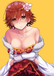 Rule 34 | 1girl, bare shoulders, blush, breasts, brown eyes, brown hair, cleavage, dress, earrings, fur trim, graphite (medium), hair ornament, honda mio, idolmaster, idolmaster cinderella girls, idolmaster cinderella girls starlight stage, jewelry, large breasts, looking at viewer, necklace, pearl earrings, pearl necklace, shiroyukimajima, short hair, smile, solo, traditional media